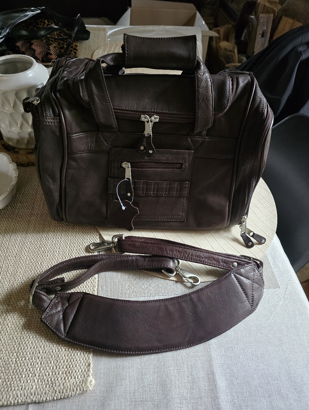 Small Unisex Genuine Leather Duffle Bag - Dark Brown